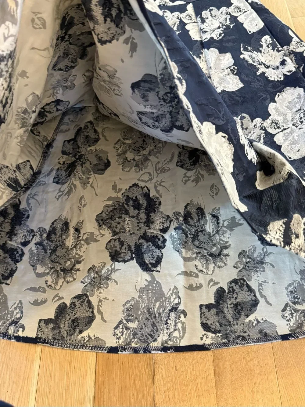 Eva Franco Navy A-Line Skirt with Silver Floral Brocade